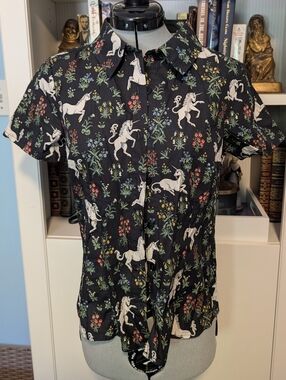 Dangerfield Unicorn Print Short Sleeve Button-Up Kids Shirt - Black